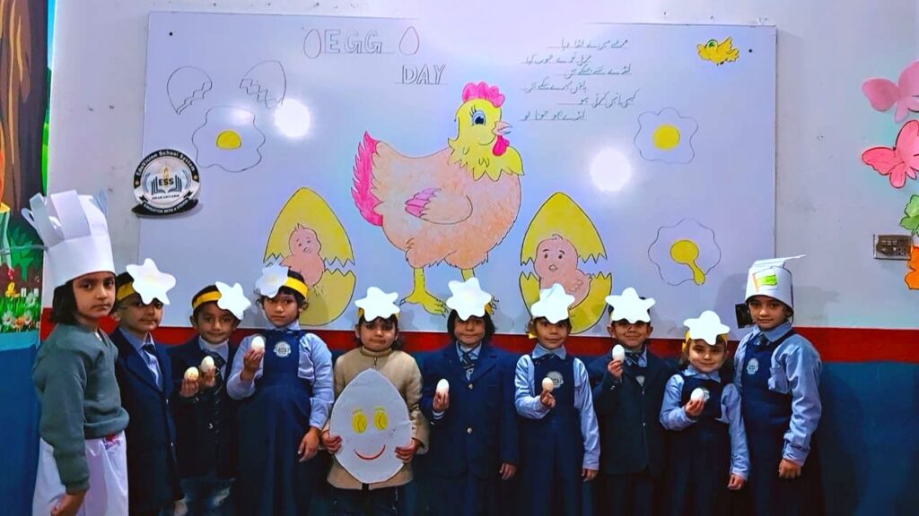 Students of EduVision School & Academy Shakargarh posing with an "Egg Day" whiteboard display and paper crafts during a school activity.