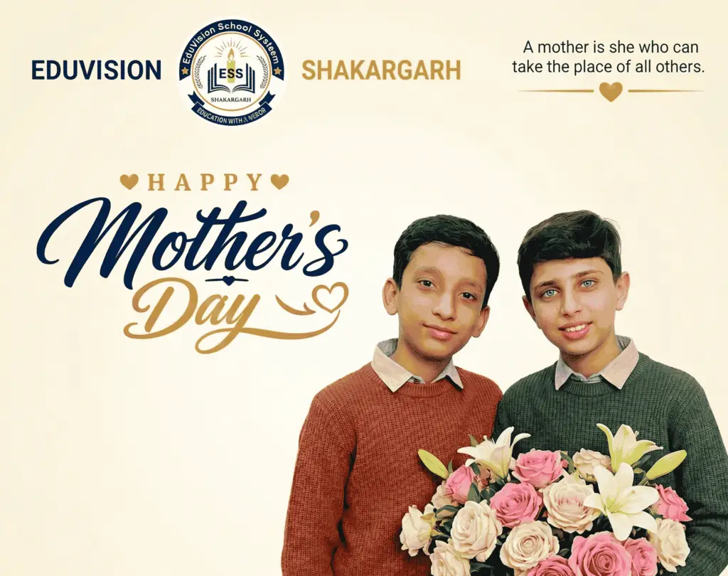 Mother's Day graphic showing two boys with flowers and the EduVision School System logo on a cream background.