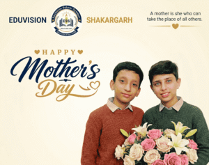 Mother's Day graphic showing two boys with flowers and the EduVision School System logo on a cream background.